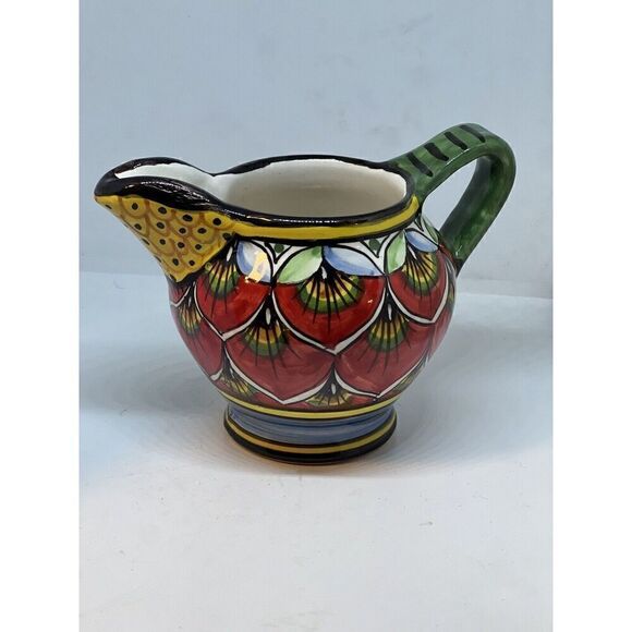 Geribi Deruta Italy Handpainted Peacock Design Small Creamer Red Green NWT - Picture 4 of 7